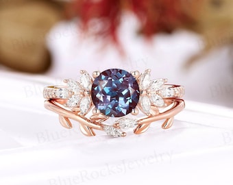 Vintage round cut lab alexandrite engagement ring set rose gold leaf marquise cut curved band moissanite ring anniversary promise bridal set