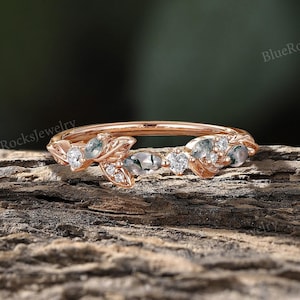 Unique Moss Agate Wedding Band,Marquise Cut Ring,Rose Gold Wedding Ring,Women Moissanite Matching Bridal Stacking Promise Ring,Gift For Her