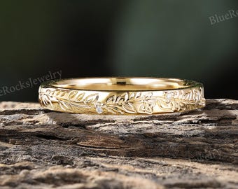 Anillo de boda de moissanita con forma de hoja tallado a mano, anillo de oro amarillo con diseño de naturaleza, alianza de aniversario a juego.