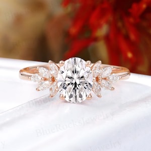 Vintage Oval shape Moissanite engagement ring Rose gold ring Marquise cut diamond ring Cluster ring Solid gold Anniversary promise ring