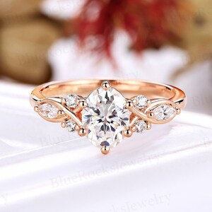 Antique oval cut moissanite engagement ring rose gold ring marquise cut cluster ring delicate unique twist anniversary promise bridal ring