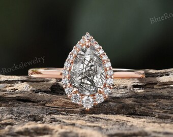 Vintage Black Rutilated Quartz Engagement Ring,Art Deco Rose Gold Ring,Halo Moissanite Ring,Unique Pear Cut Bridal Ring,Handmade Custom Ring