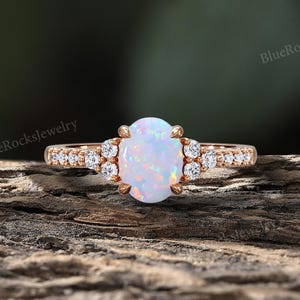 Vintage Opal Engagement Ring,Art Deco Moissanite Ring,Unique Rose Gold Ring,Oval Cut Opal Bridal Ring,Anniversary Promise Ring Jewelry