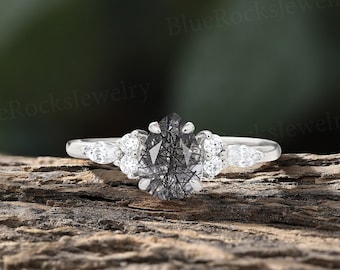 Vintage Black Rutilated Quartz Engagement Ring art deco pear shaped ring unique diamond ring, white gold ring,bridal Moissanite Promise ring