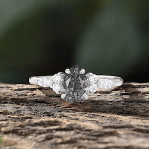 Vintage Black Rutilated Quartz Engagement Ring art deco pear shaped ring unique diamond ring, white gold ring,bridal Moissanite Promise ring