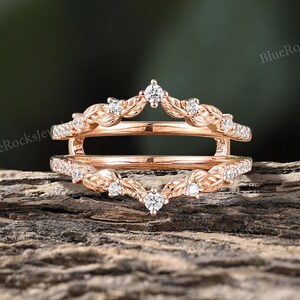 Vintage gebogener Ehering Ring, einzigartiger Moissanit Rose Gold Blatt Ring, doppelter Ehering, Art-Deco-Cluster Stapeln Versprechen Band