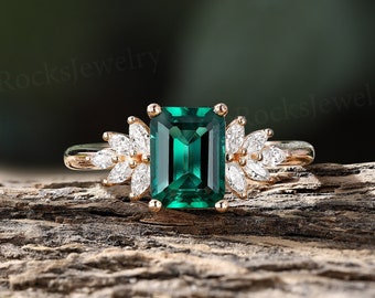 Vday Vintage Emerald Engagement Ring Art Deco 14k/18k Rose Gold Diamond Ring Unique Moissanite Anniversary Ring Valentines Day Bridal Ring