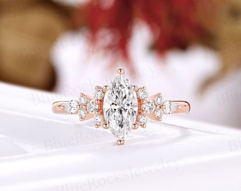 Vintage Marquise Form Moissanite Verlobungsring Antik Rundschliff Cluster Ring Rose Gold Unikat Ring Art Deco Jahrestag Versprechen Ring