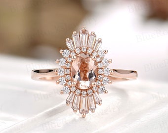 Vintage Morganite Engagement Ring, Rose Gold Ring, Oval cut  prong set ring, halo ring, unique bridal ring wedding ring, anniversary ring