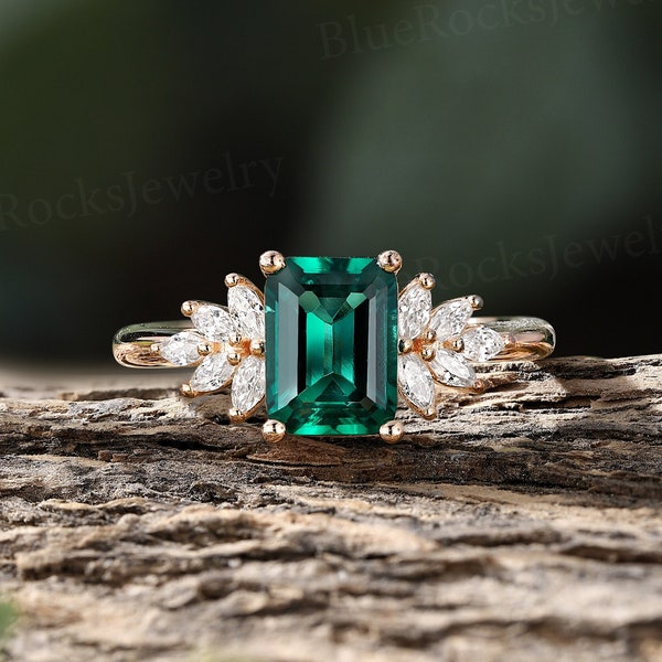 Vday Vintage Emerald Engagement Ring Art Deco 14k/18k Rose Gold Diamond Ring Unique Moissanite Anniversary Ring Valentines Day Bridal Ring