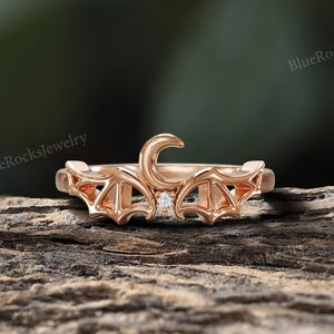 Gothic Bat Wings Moon Wedding Band,Rose Gold Round Moissanite Band,Unique Vampire Bat Jewelry,Halloween Ring,Anniversary Gift For Women