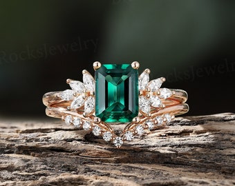 Vintage Emerald Engagement Ring Set Rose Gold Marquise Moissanite Promise Ring Art Deco Diamond Anniversary Ring Valentines Day Bridal Set