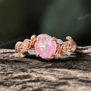 Natur inspiriert Opal Verlobungsring, Rose Gold Blatt Blume Design Ehering, einzigartige Pink Opal Versprechen Ring, Vintage Style Jubiläumsgeschenk