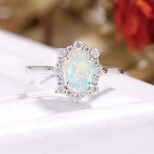 Vintage Natural Opal Engagement Ring, art deco Moissanite ring, White Gold Ring, oval cut ring, bridal diamond wedding ring,anniversary ring