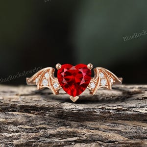 Heart Ruby Bat Wing Engagement Ring,Rose Gold Vampire Gothic Wedding Ring For Women,Alternative Dark Romance Ring For Women,Witchy Jewelry
