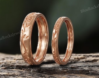 Nature Inspired Leaf Couples Rings,Rose Gold Wedding Band Set,Handmade Engraved Maching Promise Ring,Unique Anniversary Gift for Him Her