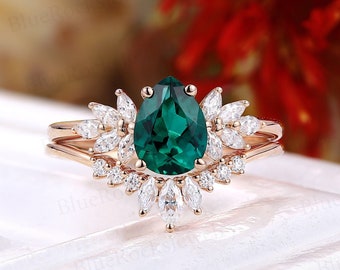 Lab Emerald engagement ring set Rose gold Pear cut ring Marquise cut moissanite diamond curved wedding band Cluster ring Promise bridal set