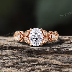 Oval Moissanite Floral Engagement Ring,Unique Rose Gold Leaf Wedding Ring,Vintage Bridal Ring,Nature Inspired Promise Ring,Wedding Jewelry