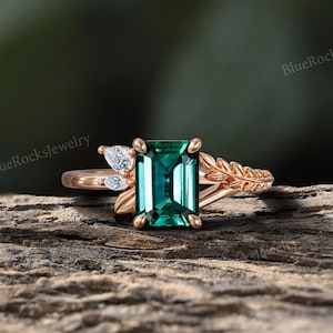 Emerald Leaf Engagement Ring,Nature Inspired Green Ring,Rose Gold Moissanite Ring,Vintage Wedding Ring For Her,Anniversary Promise Ring