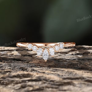 Antique Moissanite Curved Wedding Band,Marquise Cut Moissanite Ring,Delicate Rose Gold Matching Stacking Ring,Anniversary Promise Band