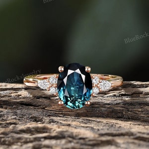 Vintage Teal Sapphire Engagement Ring,Unique Rose Gold Wedding Band,Green Blue Sapphire Ring,Bridal Promise Ring,Anniversary Ring For Women