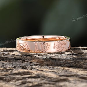 Art Nouveau Flower Wedding Band,Rose Gold Floral Ring,Hand-Engraved Bridal Stack Ring,Men Women  Custom Wedding Ring,Anniversary Gift