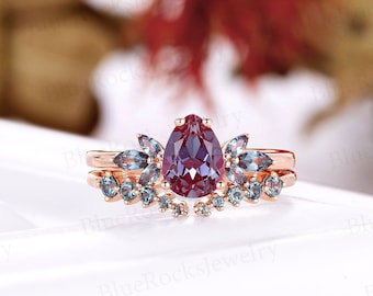 Pear cut lab alexandrite engagement ring set rose gold bridal set marquise cut matching open curved stacking band anniversary promise ring