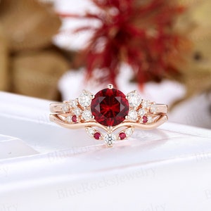 Round ruby engagement ring set rose gold ring art deco cluster moissanite bridal set vintage curved matching band anniversary ring set