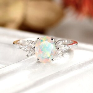 Vintage Opal Engagement Ring, art deco wedding ring, oval cut ring, white gold moissanite ring, diamond bridal ring, anniversary ring