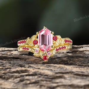 Unique Hexagon Padparadscha Engagement Ring Set,Nature Inspired Leaf Yellow Gold Ring,Art Deco Ruby Curved Wedding Band,Vintage Bridal Set