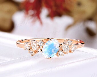 Oval shape blue moonstone engagement ring pear cut moissanite cluster ring rose gold prong ring vintage anniversary promise bridal ring