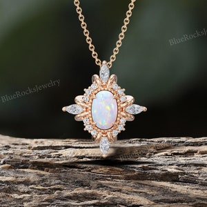 Vintage Opal Necklace Pendant,Rose Gold Elegant Sunburst Design with Marquise Moissanite Accents,Art Deco Style Fine Jewelry Gift For Mom