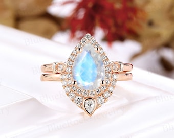 Vintage pear shape moonstone engagement ring set bezel set moissanite curved band matching bridal set rose gold halo pave promise ring