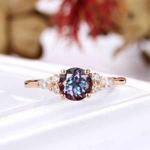 Round shape alexandrite engagement ring rose gold moissanite cluster ring vintage marquise cut ring art deco anniversary promise ring