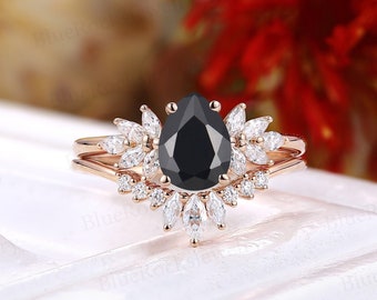 Pear Black Onyx engagement ring set Rose gold Bridal set Marquise cut moissanite diamond ring Curve band Cluster ring Promise rings