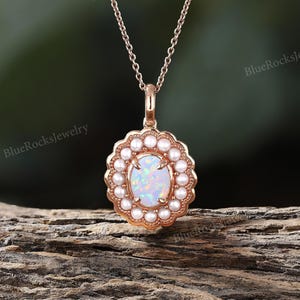 Opal Pendant Necklace,Unique Freshwater Pearl Halo Flower Necklace,Vintage Rose Gold Wedding Pendant,Opal Jewelry,Anniversary Gift for Mom