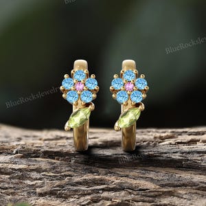 Nature-inspired Blue Topaz Flower Hoop Earrings,Marquise Leaf Peridot Earring,Yellow Gold Huggie Earrings,Dainty Floral Jewelry,Gift for Her