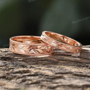 Vintage Leaf Moissanite Couple Rings Set,Rose Gold Milgrain Rings,Nature Inspired Matching Anniversary Ring,Promise Rings For Men and Women