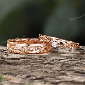 Nature Inspired Twig Leaf Couple Ring Set,Unique Rose Gold His and Her Band Set,Moissanite Couple Wedding Ring,Promise Ring,Anniversary Gift