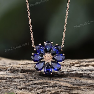 Elegant Sapphire Flower Necklace&Earrings,Rose Gold Floral Design,Unique Blue Gemstone Jewelry Set,Charming Earrings for Women,Gift for Mom