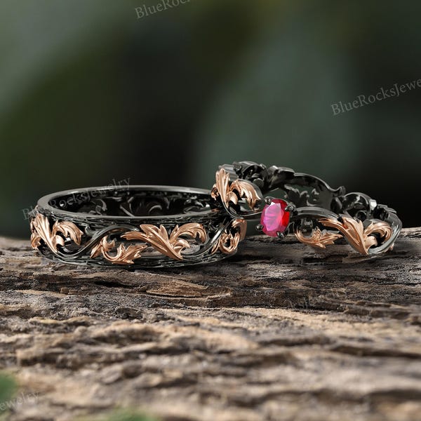Two Tones Couple Rings Set,Gothic Matching Wedding Band,Nature Inspired Branch Ruby Ring For Women,Engraved Floral His and Hers Promise Ring