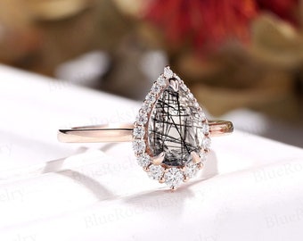 Vintage negro rutilado cuarzo anillo de compromiso art deco oro rosa moissanite anillo único forma de pera anillo diamante halo anillo nupcial