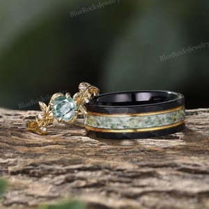 Unique Moss Agate Couple Ring Set,Nature Inspired Engagement Ring For Women,8mm Width Wedding Band For Men,Anniversary Gift Promise Ring Set