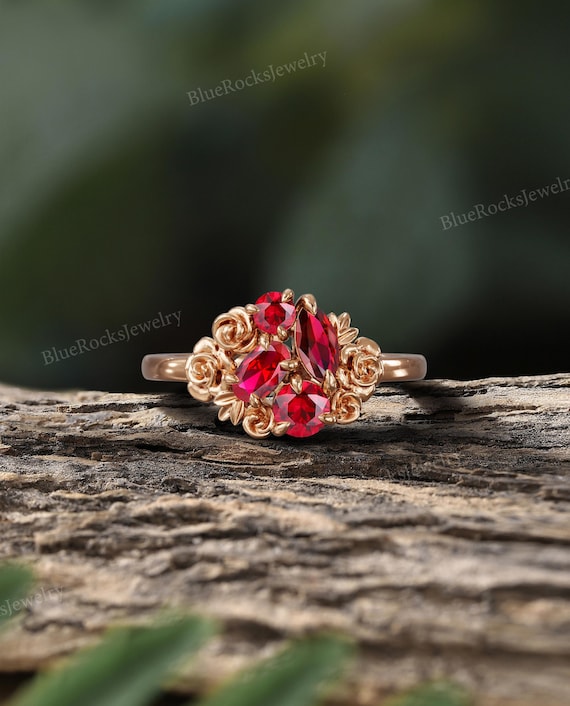 Vintage Inspired Floral Ruby Engagement Ring,Romantic Rose Design Bridal Jewelry,Rose Gold Ruby Cluster Wedding Ring,Anniversary Gift