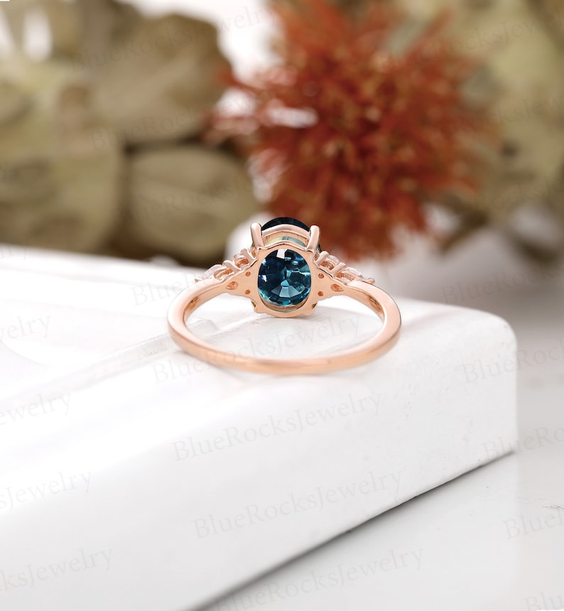 Vintage Oval shaped teal sapphire engagement ring,Rose gold prong set wedding ring, green blue sapphire ring bridal ring, anniversary ring image 4