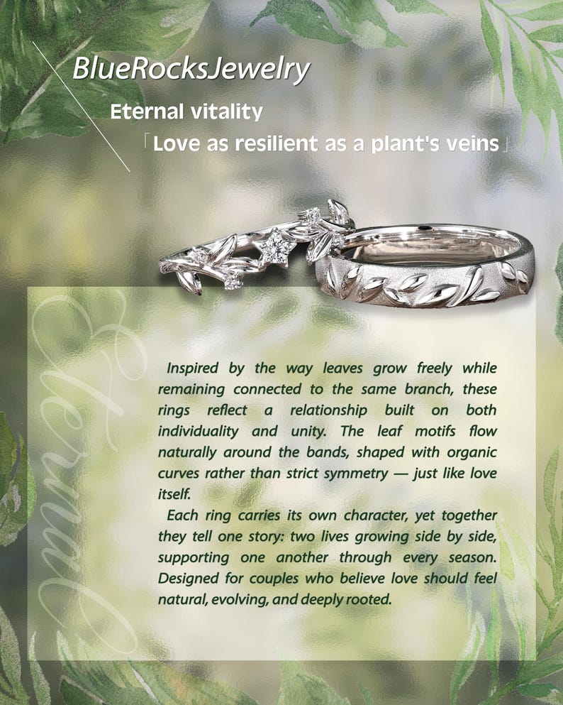 2pcs Nature Inspired Couple Rings Set Sterling Silver Moissanite Wedding Ring Leaf Shape Handmade Band Promise Rings For Men And Women image 9