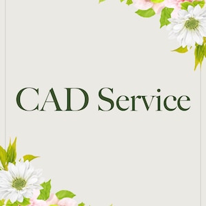Puede incluir: Un letrero rectangular con fondo gris claro y el texto verde oscuro CAD Service centrado en el medio. Las esquinas superior derecha e inferior izquierda están decoradas con racimos de rosas rosadas, margaritas blancas y hojas verdes.