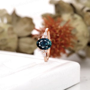 Vintage Oval shaped teal sapphire engagement ring,Rose gold prong set wedding ring, green blue sapphire ring bridal ring, anniversary ring image 5