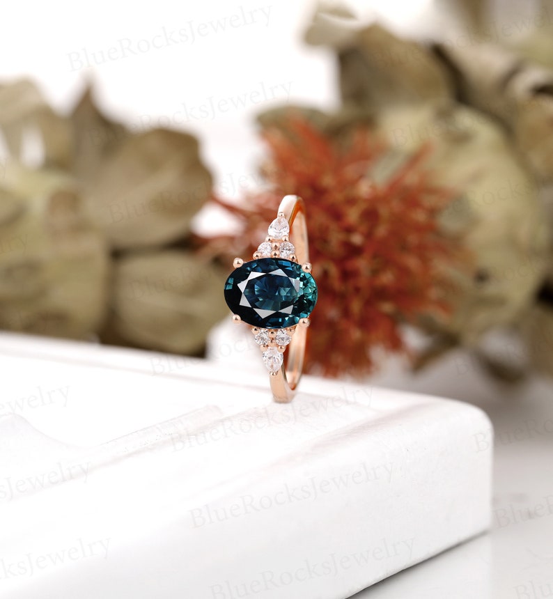 Vintage Oval shaped teal sapphire engagement ring,Rose gold prong set wedding ring, green blue sapphire ring bridal ring, anniversary ring image 5