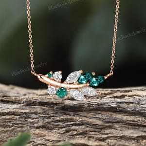 Unique Emerald Branch Necklace,Delicate Marquise Moissanite Leaf Pendant Necklace,Dainty Nature Inspired Twig Jewelry,Birthday Gift For Her